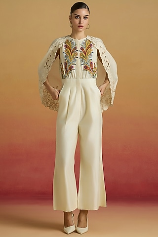 Ivory Chanderi Thread Work Jumpsuit by Chandrima