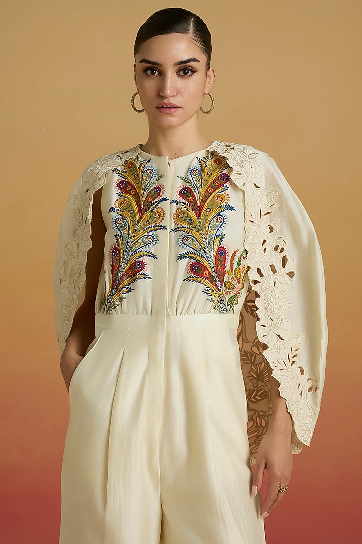 Ivory Chanderi Thread Work Jumpsuit by Chandrima at Pernia's Pop Up Shop