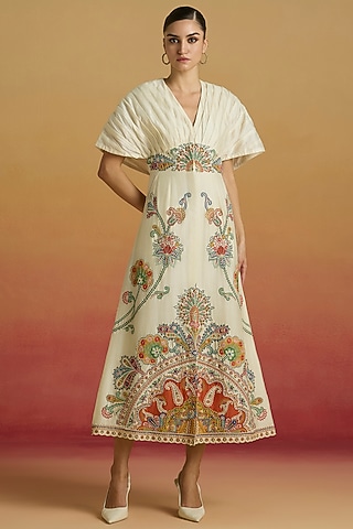 Ivory Chanderi Beadwork Midi Dress by Chandrima