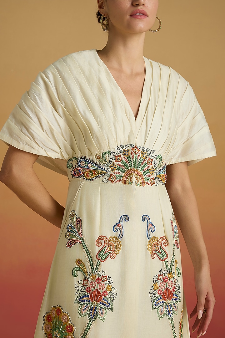 Ivory Chanderi Beadwork Midi Cocktail Dress by Chandrima at Pernia's Pop Up Shop