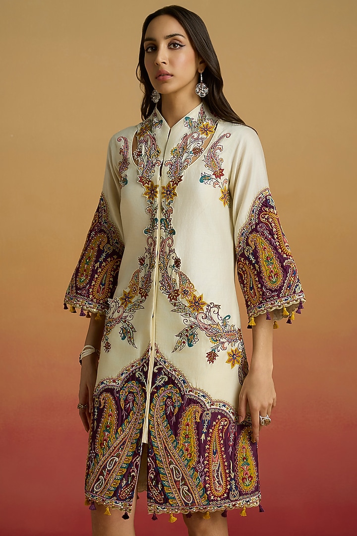 Ivory & Plum Chanderi Color Blocked Cocktail Dress by Chandrima at Pernia's Pop Up Shop