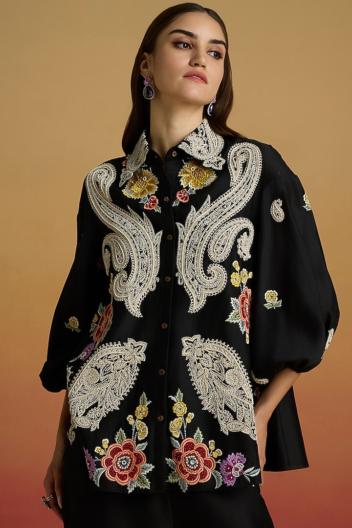 Black Chanderi Cord Work Shirt by Chandrima at Pernia's Pop Up Shop