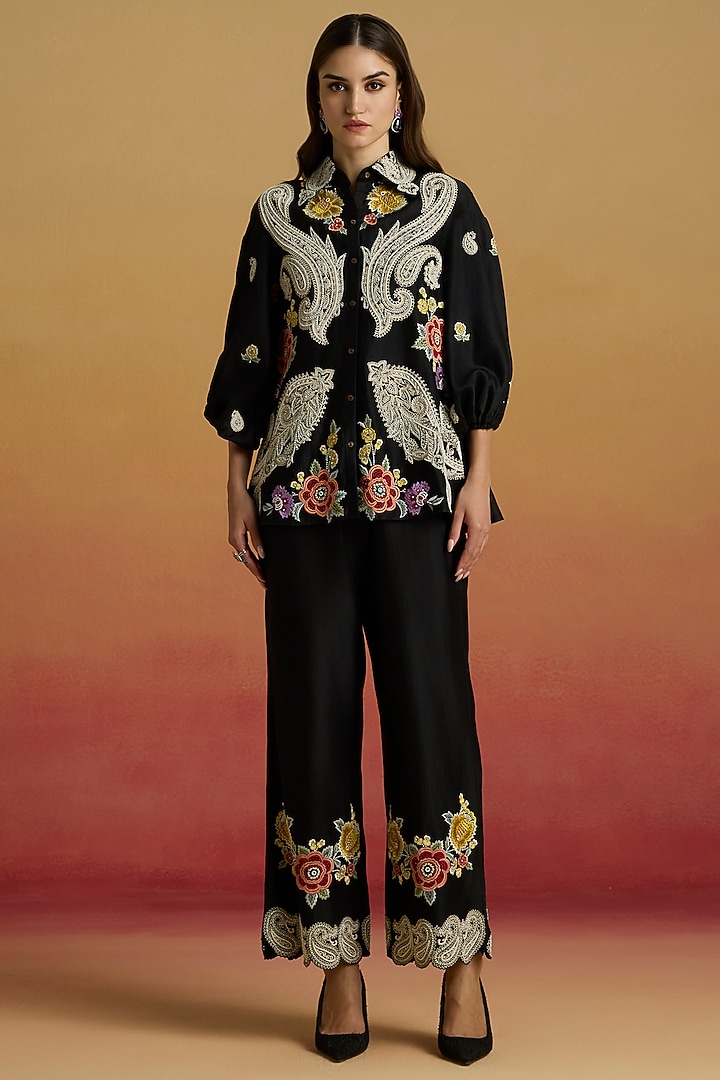 Black Chanderi Cord Work Shirt by Chandrima at Pernia's Pop Up Shop