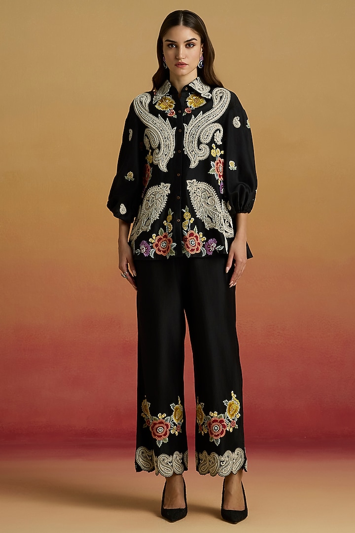 Black Chanderi Cord Work Pants by Chandrima at Pernia's Pop Up Shop