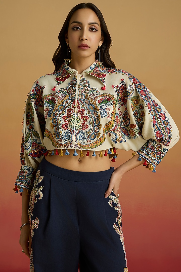 Ivory Kala Cotton Applique Work Bolero Jacket by Chandrima at Pernia's Pop Up Shop