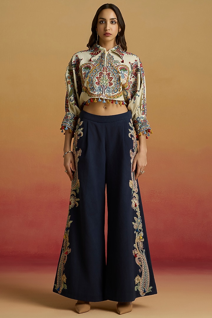 Ivory Kala Cotton Applique Work Bolero Jacket by Chandrima at Pernia's Pop Up Shop
