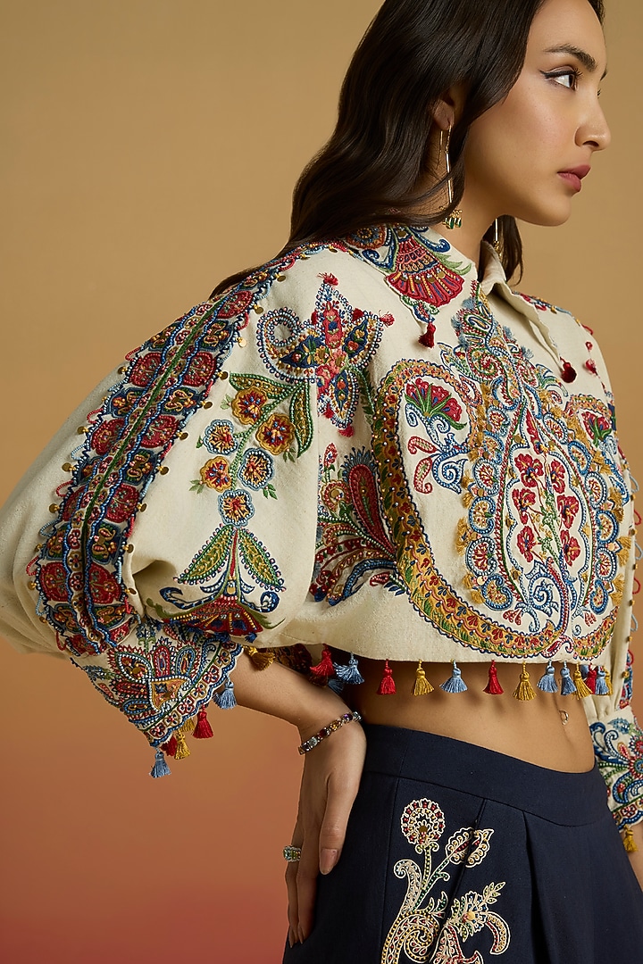 Ivory Kala Cotton Applique Work Bolero Jacket by Chandrima at Pernia's Pop Up Shop