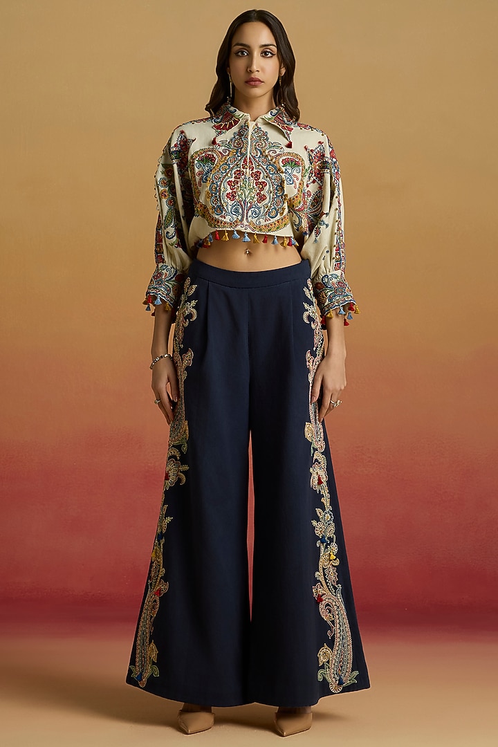 Indigo Blue Cotton Twill Beadwork Flared Pants by Chandrima at Pernia's Pop Up Shop