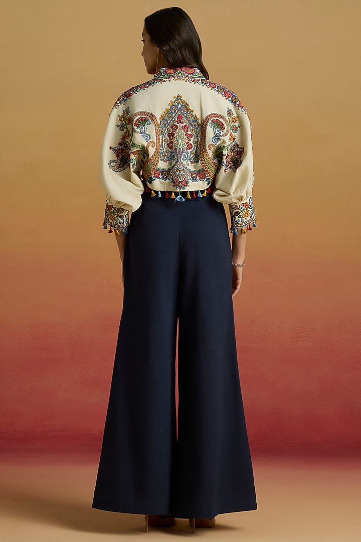 Indigo Blue Cotton Twill Beadwork Flared Pants by Chandrima at Pernia's Pop Up Shop