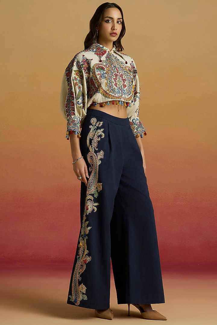 Indigo Blue Cotton Twill Beadwork Flared Pants by Chandrima at Pernia's Pop Up Shop