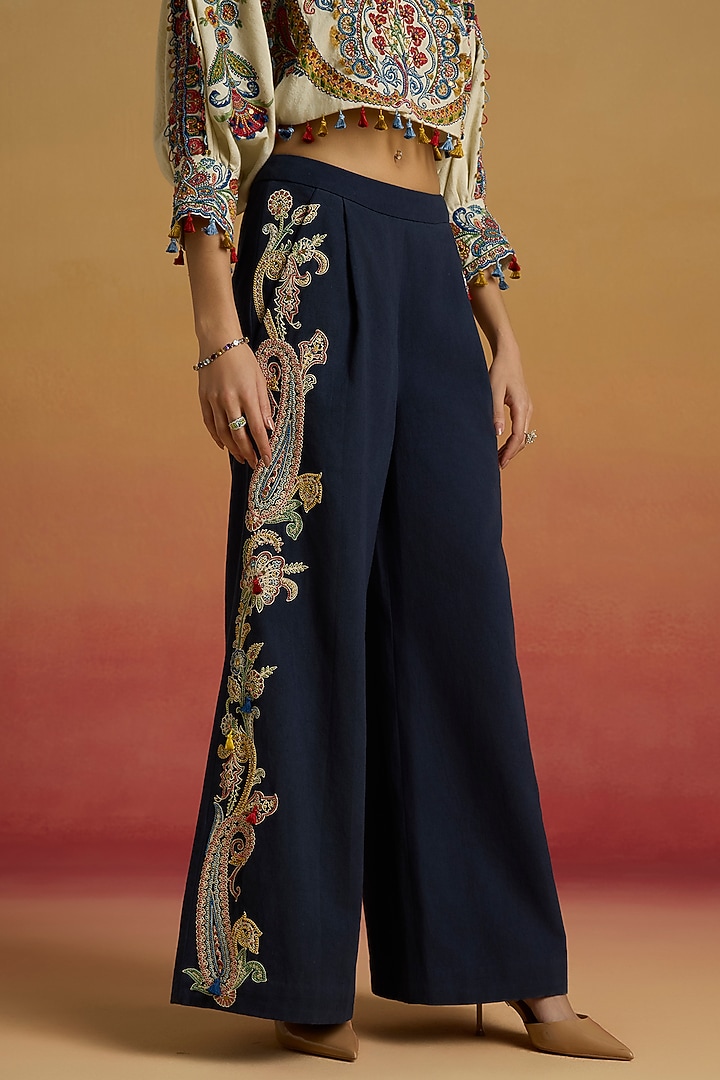 Indigo Blue Cotton Twill Beadwork Flared Pants by Chandrima at Pernia's Pop Up Shop