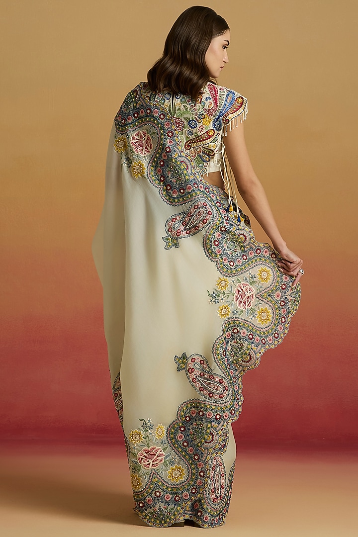 Ivory Silk Organza Thread Work Reception Saree Set by Chandrima at Pernia's Pop Up Shop
