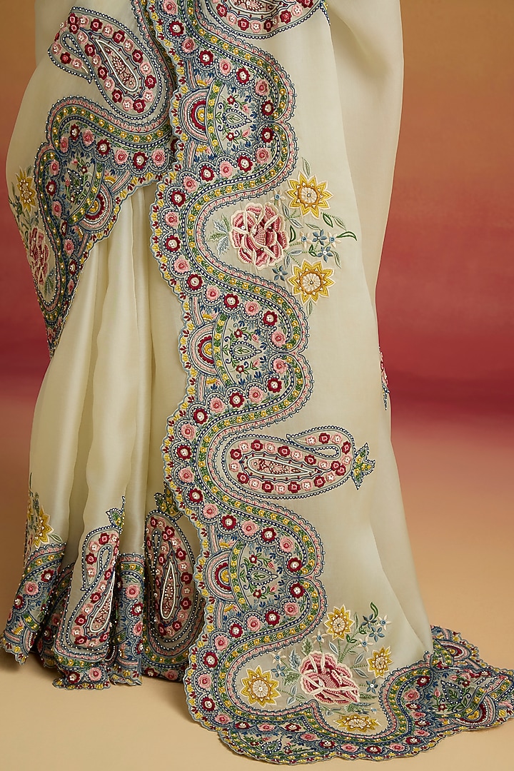 Ivory Silk Organza Thread Work Reception Saree Set by Chandrima at Pernia's Pop Up Shop