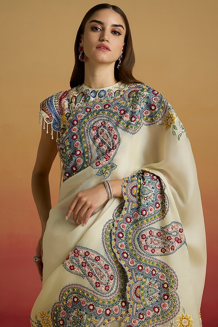 Ivory Silk Organza Thread Work Reception Saree Set by Chandrima at Pernia's Pop Up Shop