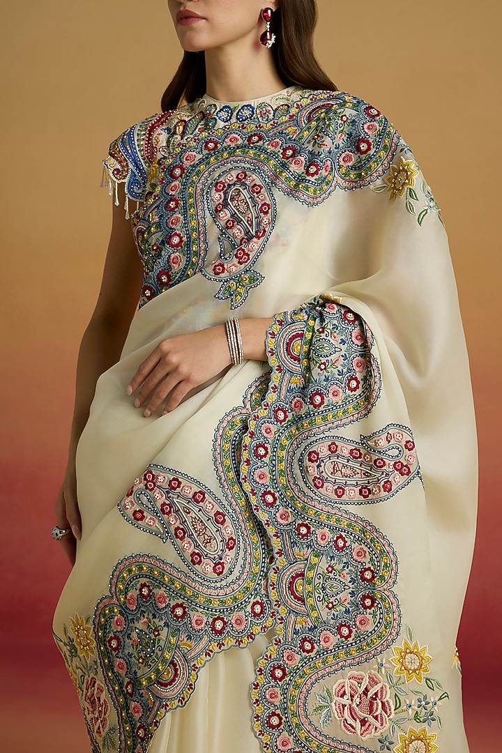 Ivory Silk Organza Thread Work Reception Saree Set by Chandrima at Pernia's Pop Up Shop