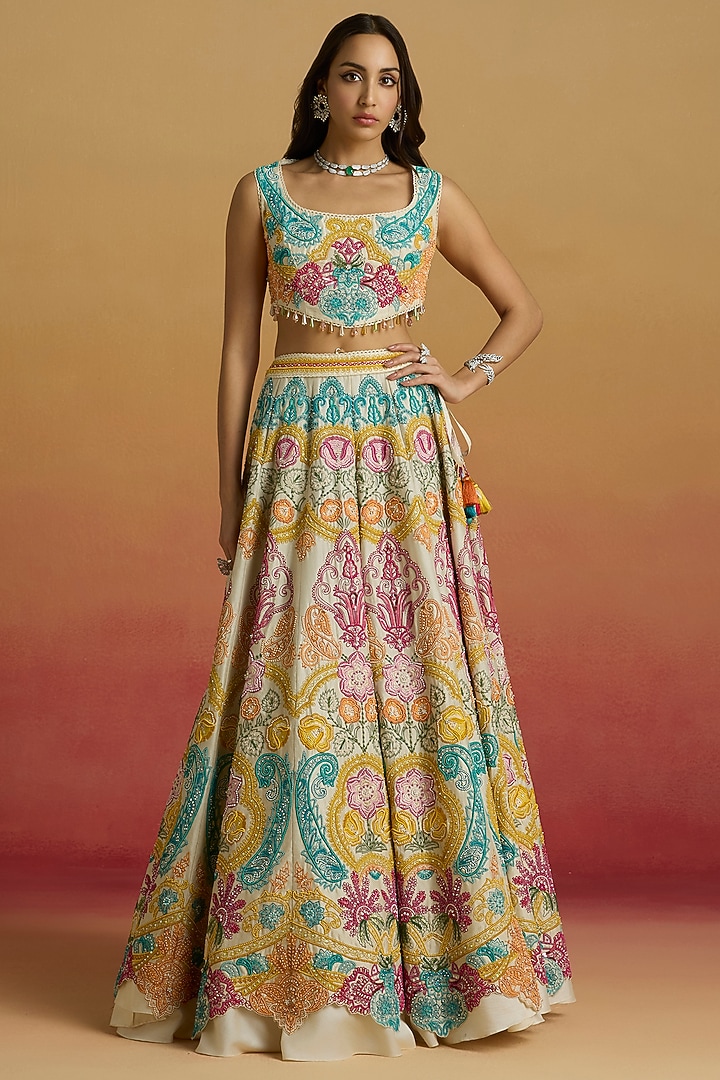 Ivory Chanderi Bead Work Bridal Lehenga by Chandrima at Pernia's Pop Up Shop