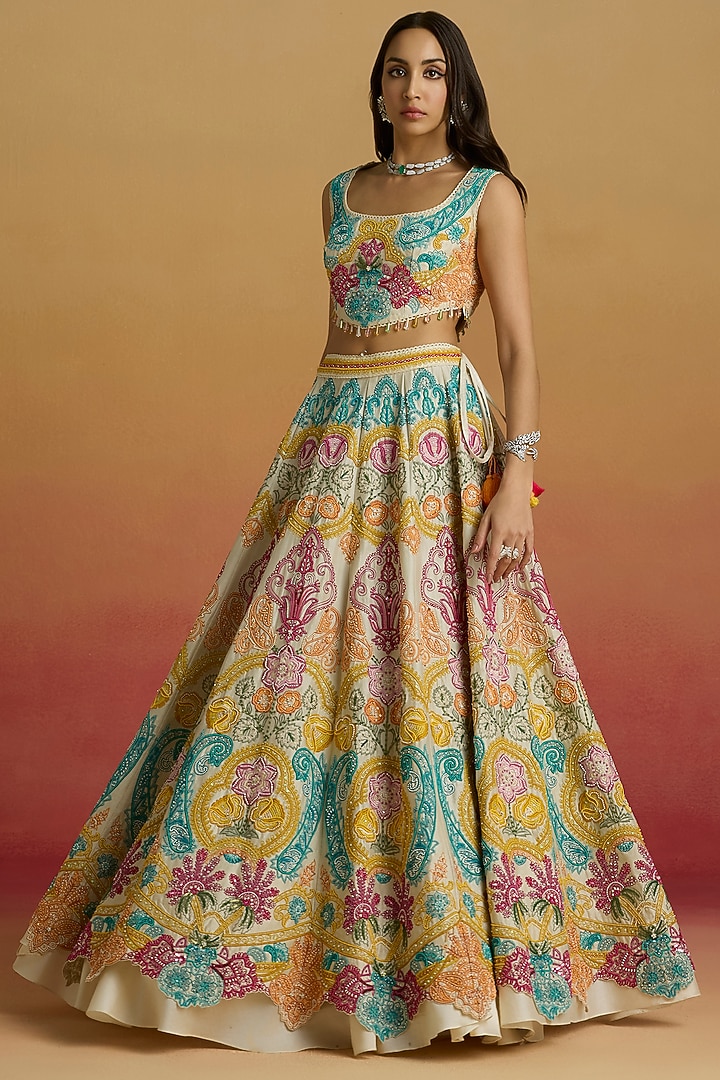 Ivory Chanderi Bead Work Bridal Lehenga by Chandrima at Pernia's Pop Up Shop