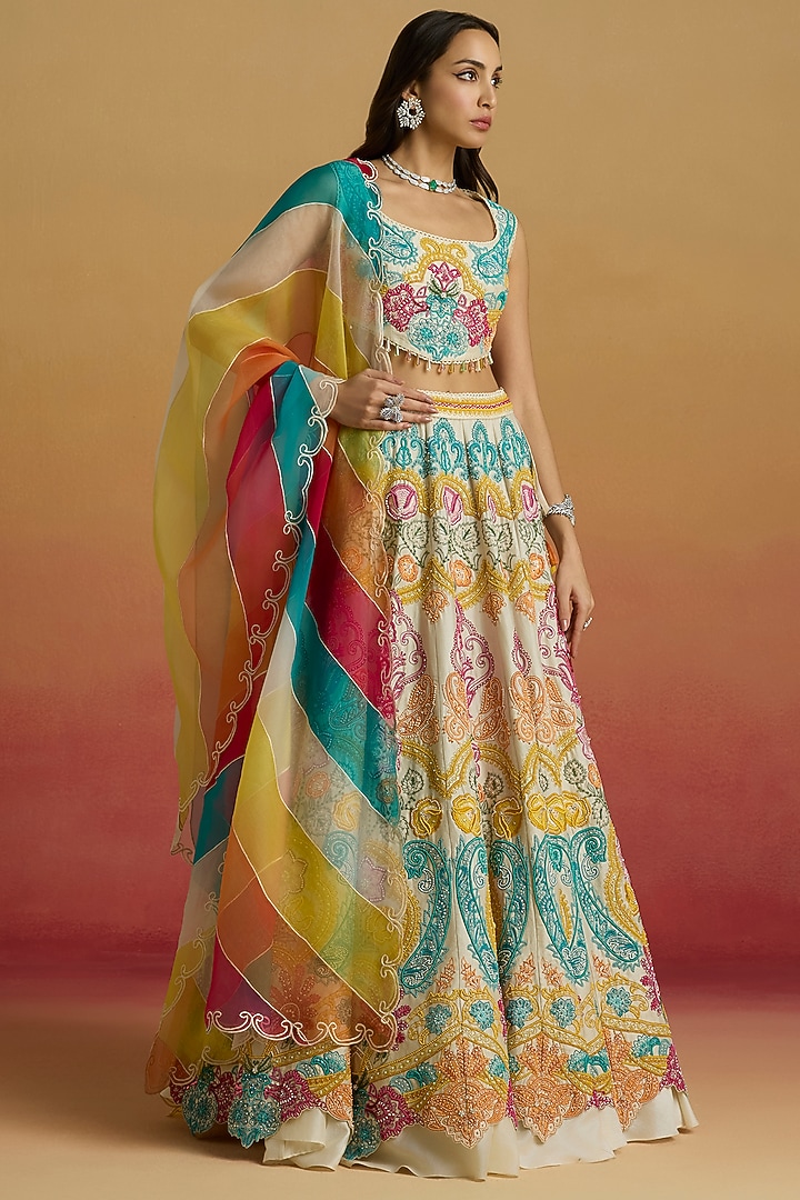 Multi-Colored Silk Organza Color Blocked Dupatta by Chandrima at Pernia's Pop Up Shop