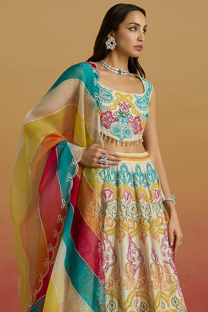 Multi-Colored Silk Organza Color Blocked Dupatta by Chandrima at Pernia's Pop Up Shop