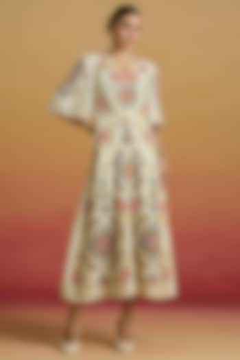 Ivory Chanderi Thread Work Midi Shirt Cocktail Dress by Chandrima at Pernia's Pop Up Shop