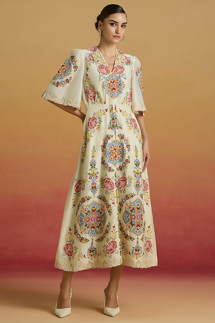 Ivory Chanderi Thread Work Midi Shirt Cocktail Dress by Chandrima at Pernia's Pop Up Shop