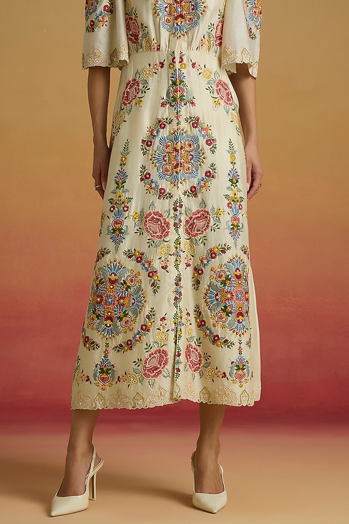 Ivory Chanderi Thread Work Midi Shirt Cocktail Dress by Chandrima at Pernia's Pop Up Shop