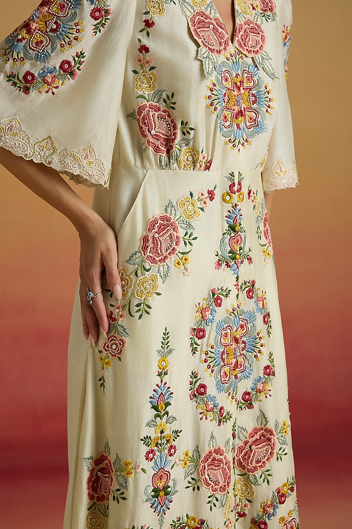 Ivory Chanderi Thread Work Midi Shirt Cocktail Dress by Chandrima at Pernia's Pop Up Shop