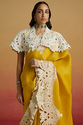 Ivory Chanderi Beadwork Cape by Chandrima