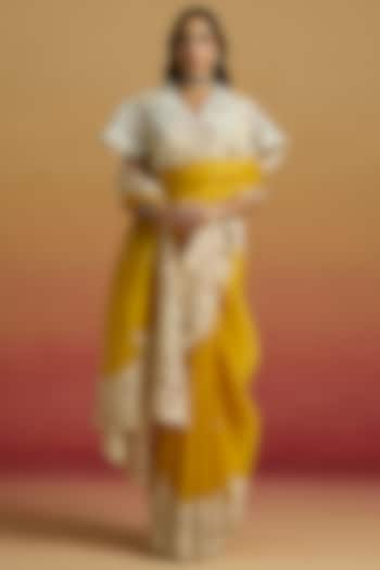 Yellow & Ivory Silk Organza Cutwork Wedding Saree Set by Chandrima at Pernia's Pop Up Shop