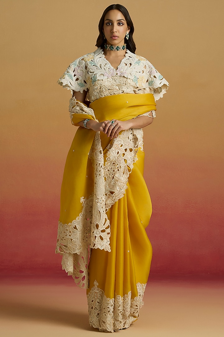 Yellow & Ivory Silk Organza Cutwork Wedding Saree Set by Chandrima at Pernia's Pop Up Shop