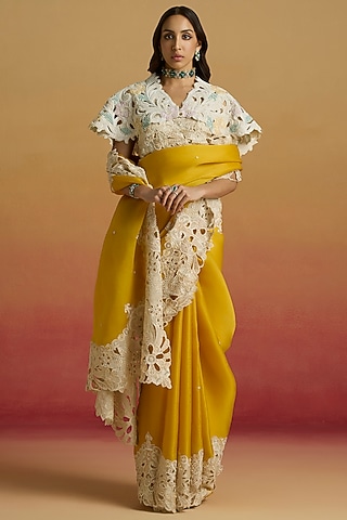Yellow & Ivory Silk Organza Cutwork Saree Set by Chandrima