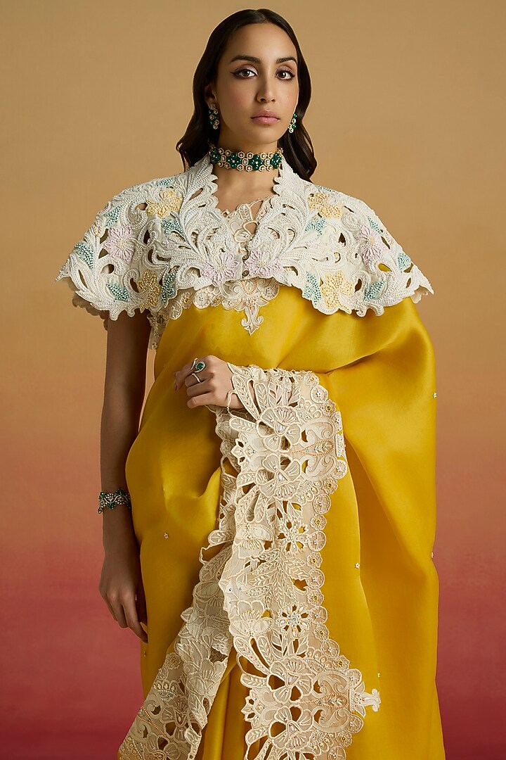 Yellow & Ivory Silk Organza Cutwork Wedding Saree Set by Chandrima at Pernia's Pop Up Shop