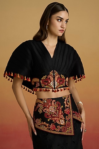 Black Chanderi Thread Work Corset Top by Chandrima