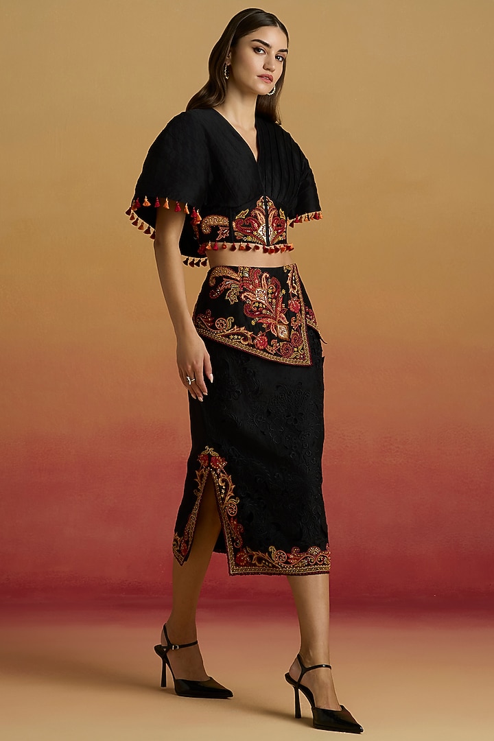 Black Chanderi Thread Work Skirt by Chandrima at Pernia's Pop Up Shop