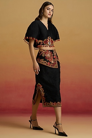 Black Chanderi Thread Work Skirt by Chandrima