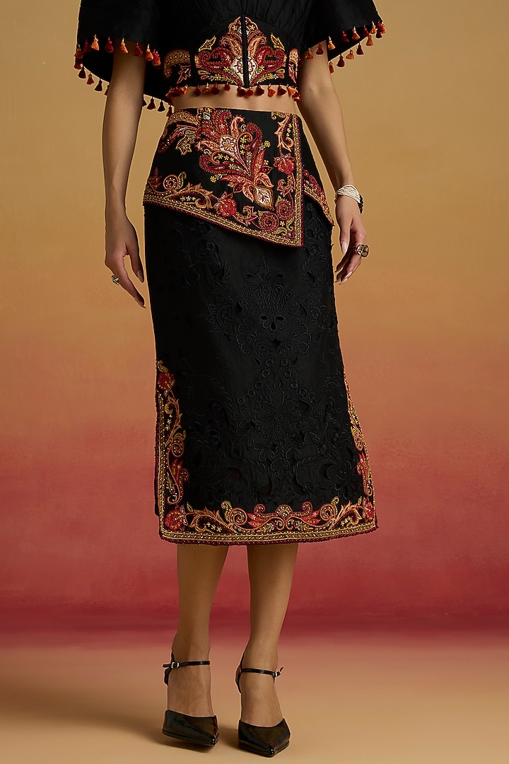 Black Chanderi Thread Work Skirt by Chandrima at Pernia's Pop Up Shop