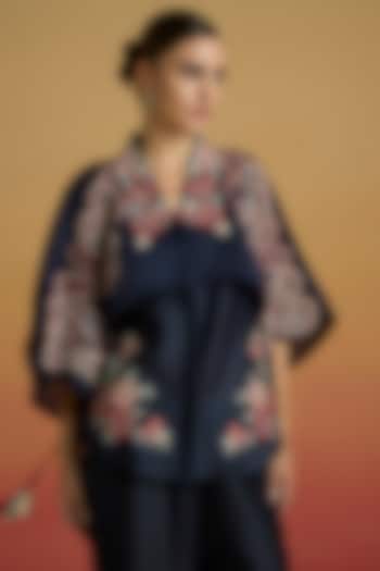 Indigo Blue Chanderi & Silk Organza Thread Work Shirt by Chandrima at Pernia's Pop Up Shop