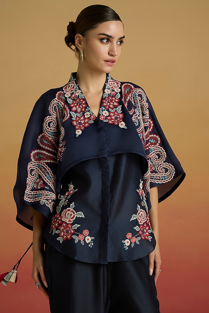 Indigo Blue Chanderi & Silk Organza Thread Work Shirt by Chandrima at Pernia's Pop Up Shop