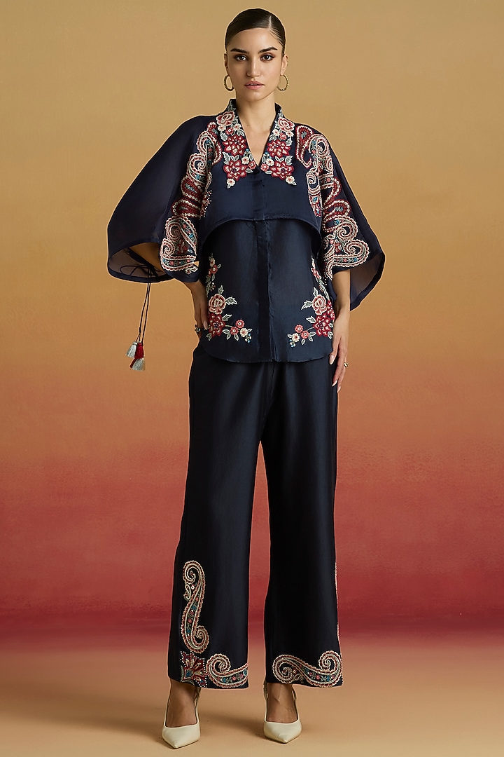 Indigo Blue Chanderi & Silk Organza Thread Work Shirt by Chandrima at Pernia's Pop Up Shop