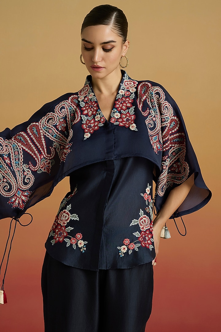 Indigo Blue Chanderi & Silk Organza Thread Work Shirt by Chandrima at Pernia's Pop Up Shop