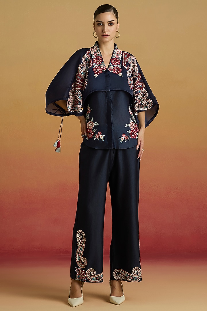 Indigo Blue Chanderi Thread Work Pants by Chandrima at Pernia's Pop Up Shop