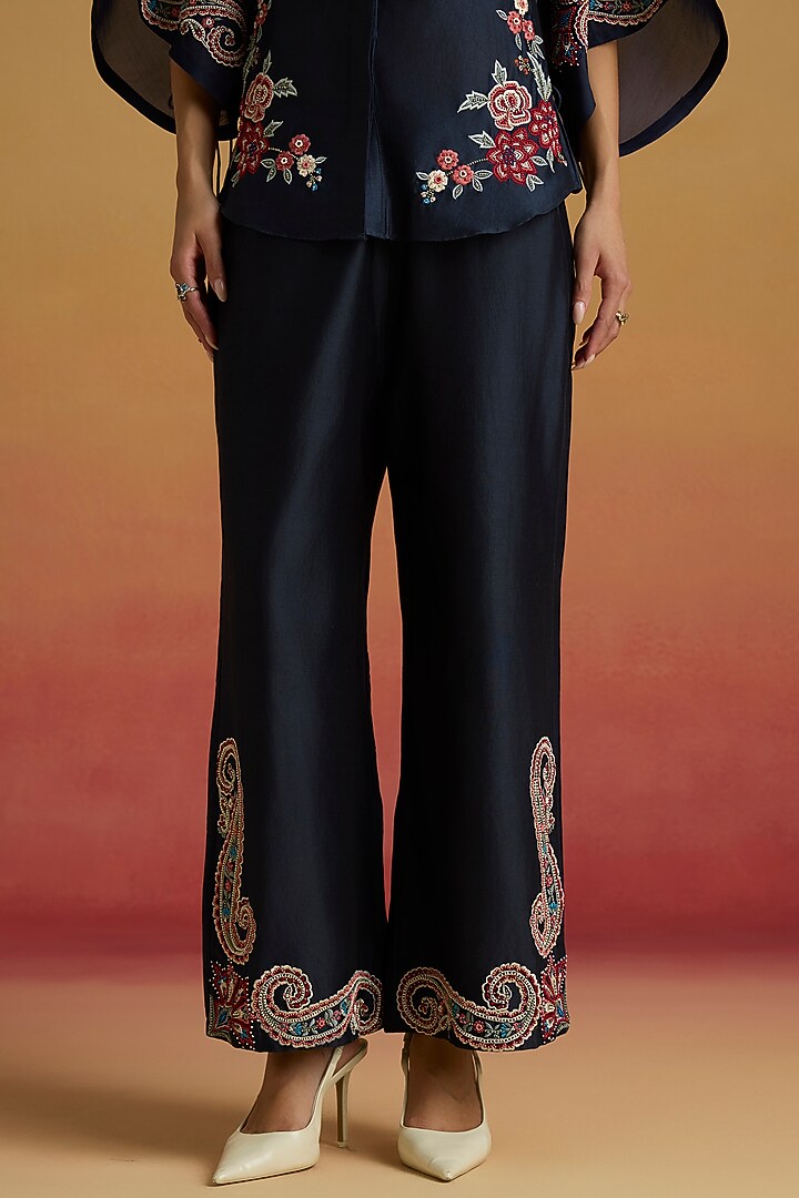 Indigo Blue Chanderi Thread Work Pants by Chandrima at Pernia's Pop Up Shop