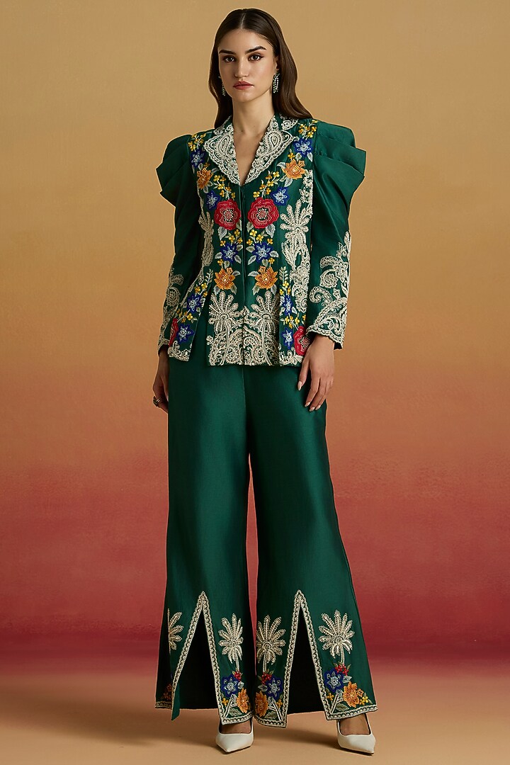 Emerald Green Chanderi Bead Work Jacket by Chandrima at Pernia's Pop Up Shop
