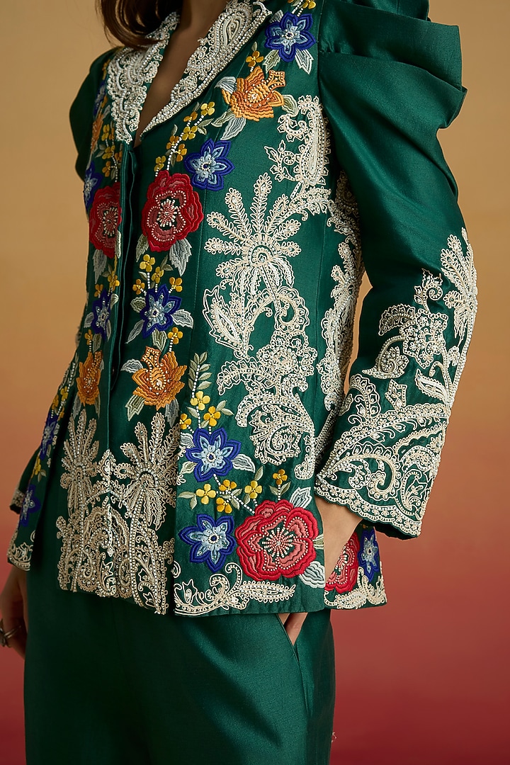Emerald Green Chanderi Bead Work Jacket by Chandrima at Pernia's Pop Up Shop