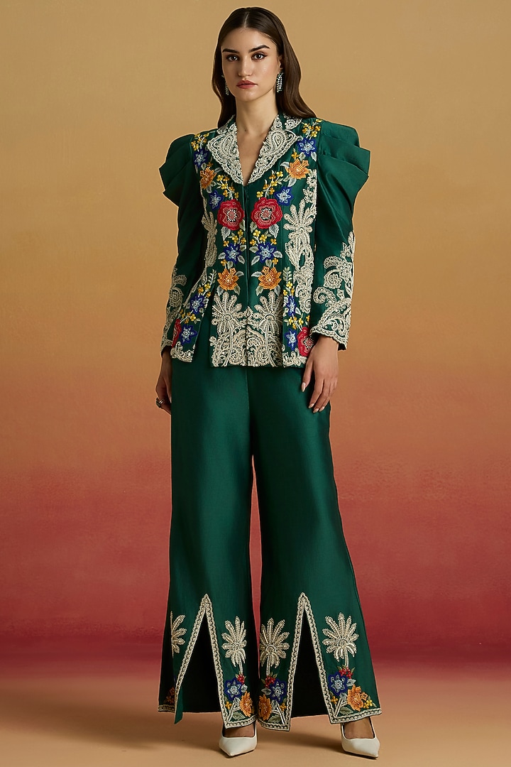 Emerald Green Chanderi Beadwork Bell Bottom Pants by Chandrima at Pernia's Pop Up Shop