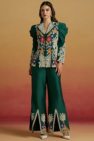 Emerald Green Chanderi Beadwork Bell Bottom Pants by Chandrima