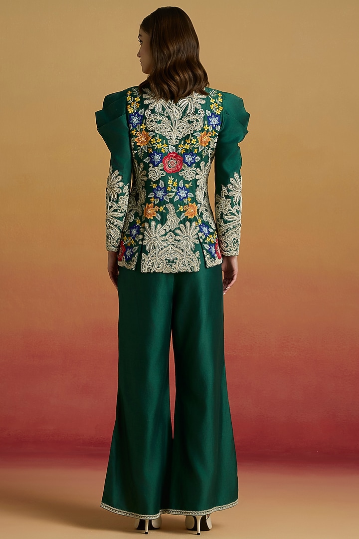 Emerald Green Chanderi Beadwork Bell Bottom Pants by Chandrima at Pernia's Pop Up Shop