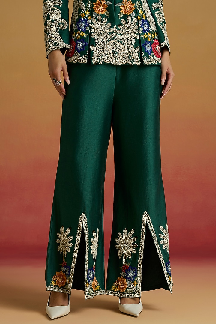 Emerald Green Chanderi Beadwork Bell Bottom Pants by Chandrima at Pernia's Pop Up Shop