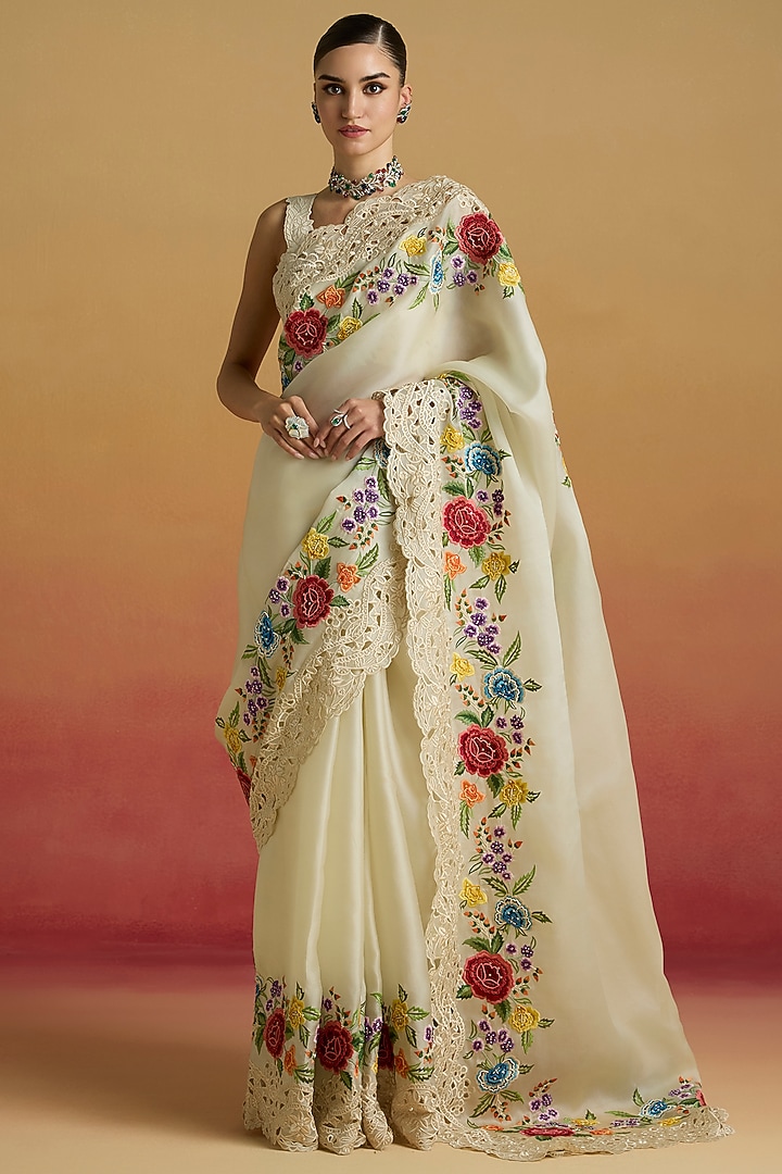 Ivory Silk Organza Floral Thread Work Wedding Saree Set by Chandrima at Pernia's Pop Up Shop