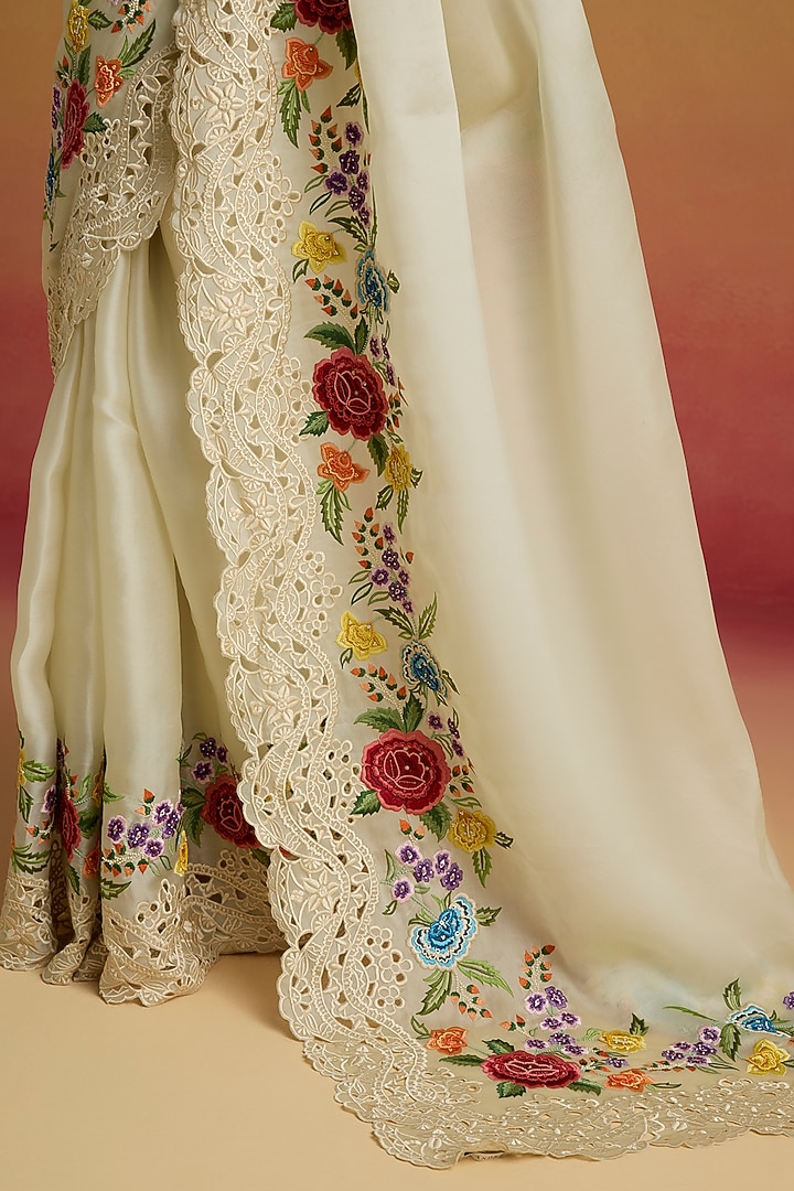 Ivory Silk Organza Floral Thread Work Wedding Saree Set by Chandrima at Pernia's Pop Up Shop